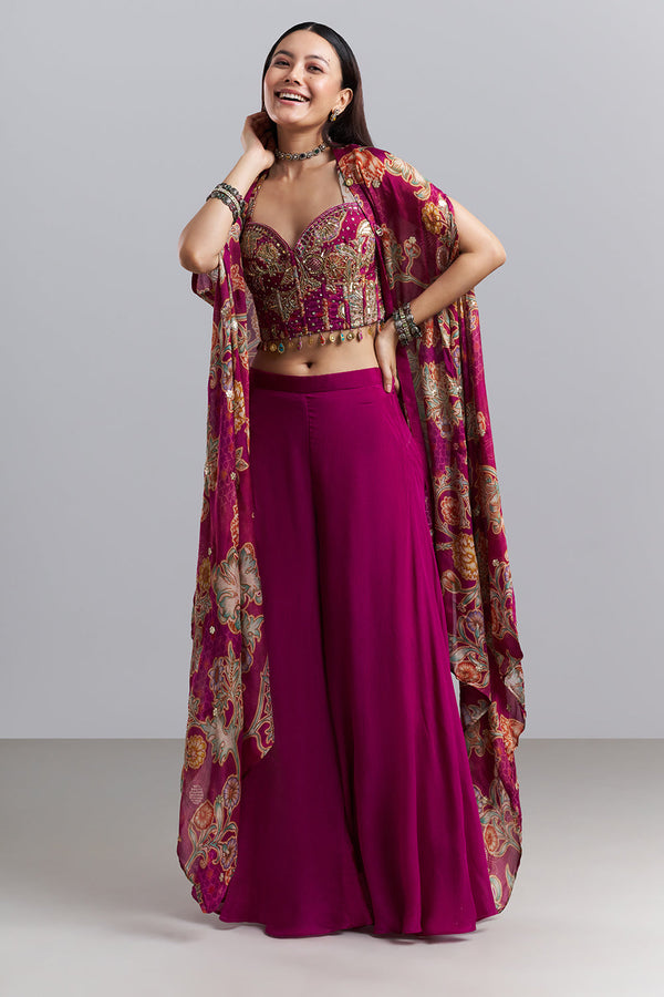 Magenta Embellished Bralette Palazzo Set with Floral Printed Cape