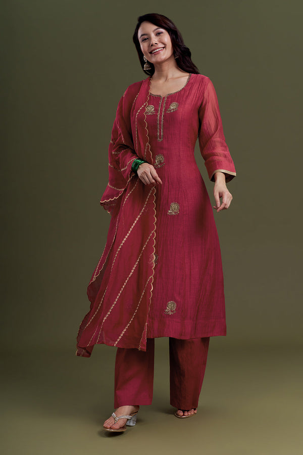 Raspberry Red Chanderi Silk Kurta Set with Resham Embroidered Work