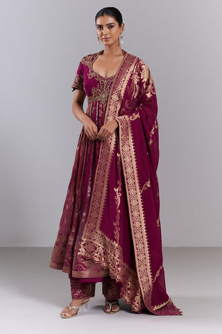 Magenta Silk Dupion Embroidered Anarkali Suit
