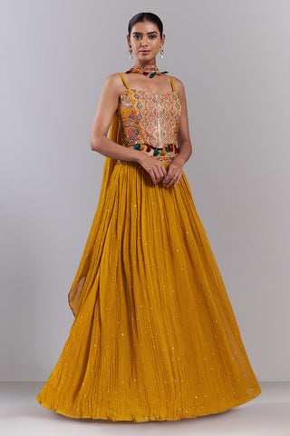 Mango Yellow Georgette Resham Embellished Lehenga Set