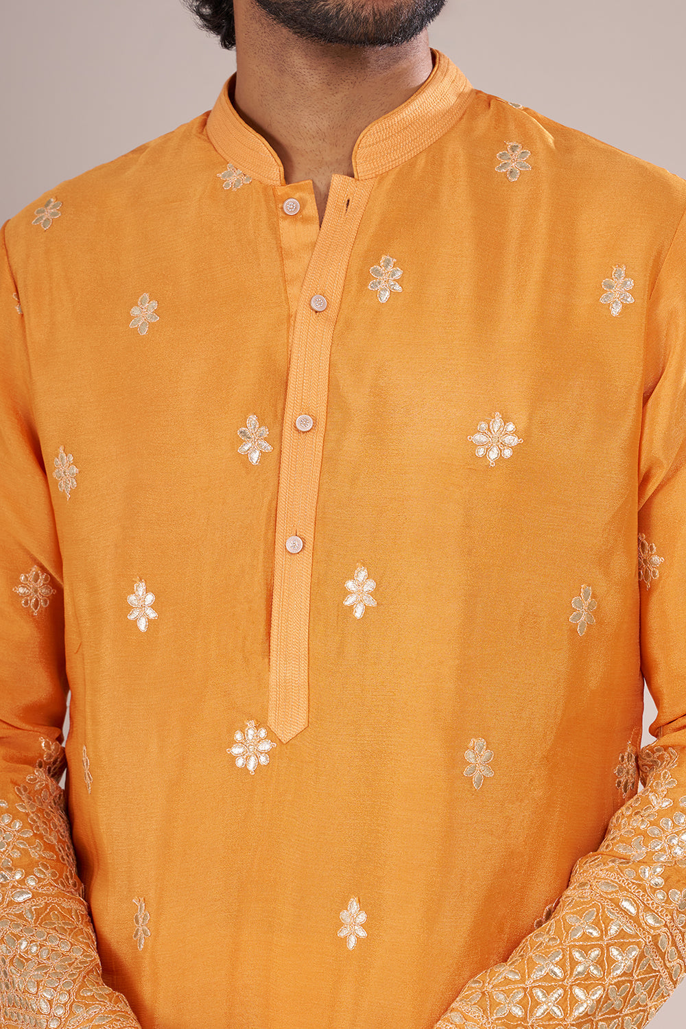 Marigold Yellow Cotton Silk Men's Kurta Set with Ivory Colored Embroidery