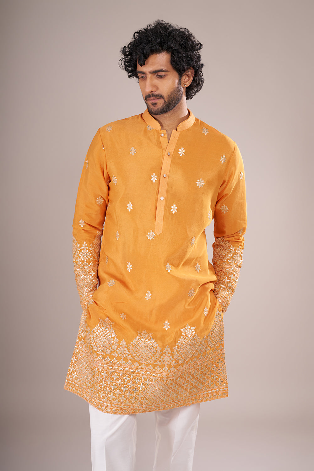 Marigold Yellow Cotton Silk Men's Kurta Set with Ivory Colored Embroidery