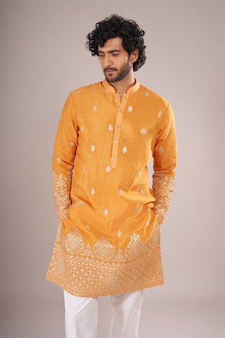 Marigold Yellow Cotton Silk Men's Kurta Set with Ivory Colored Embroidery