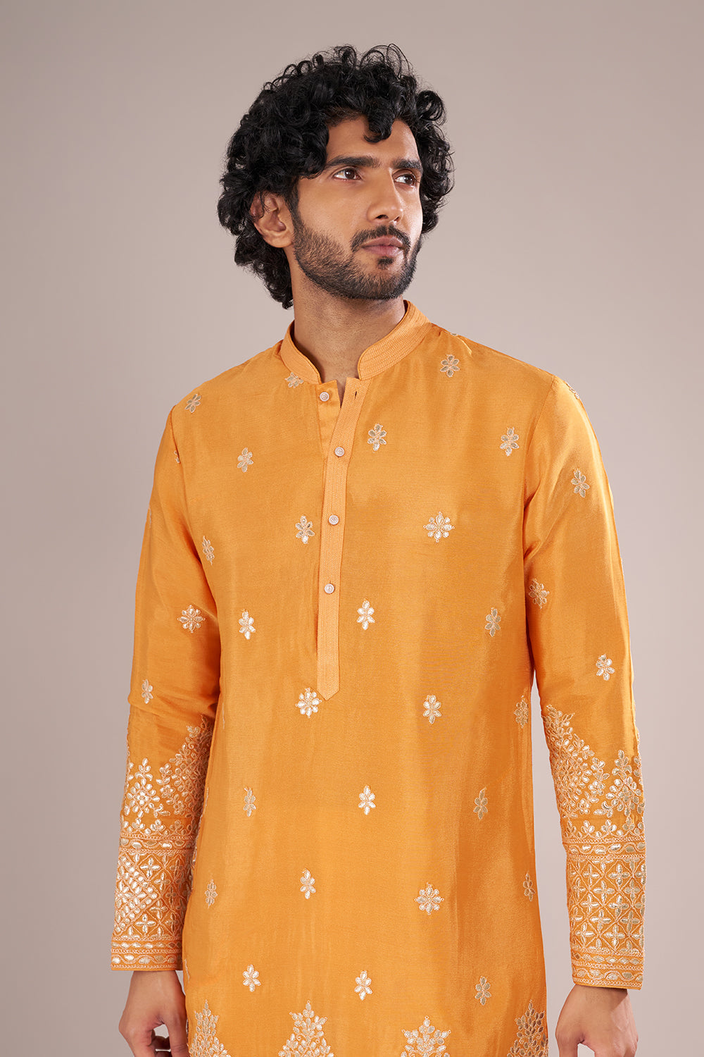 Marigold Yellow Cotton Silk Men's Kurta Set with Ivory Colored Embroidery