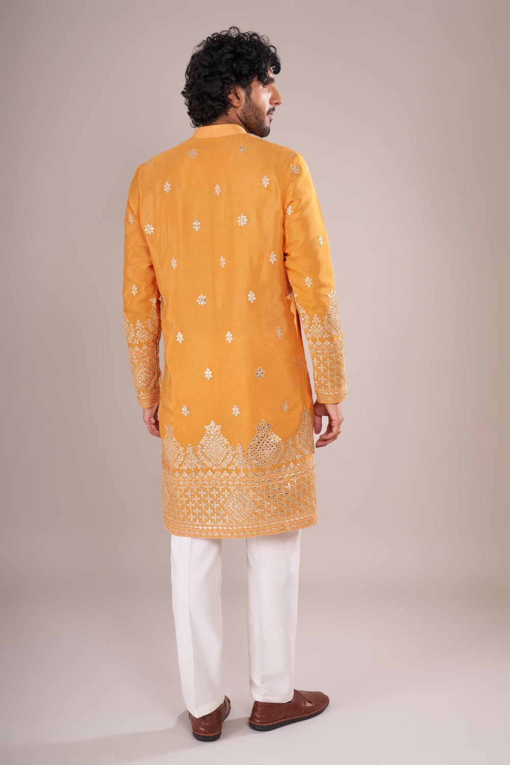 Marigold Yellow Cotton Silk Men's Kurta Set with Ivory Colored Embroidery