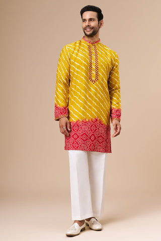 Marigold Yellow Shaded Cotton Silk Mens Kurta Set with Lehariya Print and Abla Work