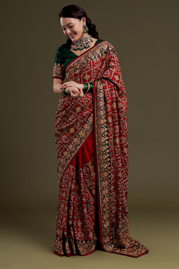 Maroon Checkered Garchola Silk Saree