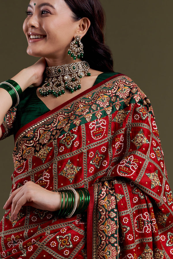 Maroon Checkered Garchola Silk Saree