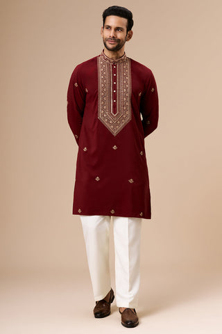 Maroon Georgette Mens Kurta Set with Zari and Sequin Work