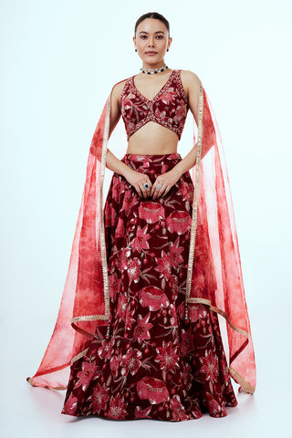 Maroon Printed Organza Lehenga with Embellishments