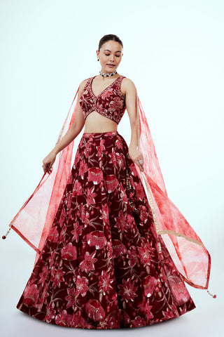 Maroon Printed Organza Lehenga with Embellishments