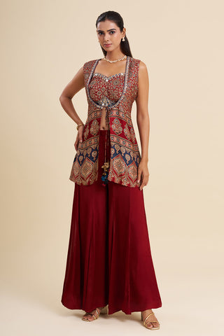 Maroon Satin Modal Fusion Set with Ajrakh Work