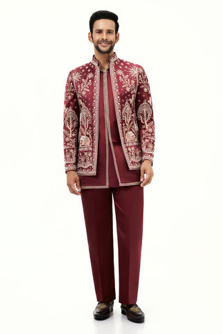 Maroon Satin Silk Jodhpuri Set with Beads and Aari Work