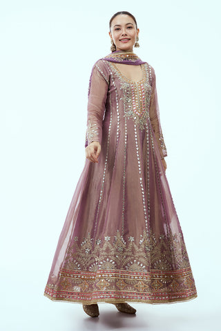 Mauve Tissue Anarkali Set with Mirror and Gota Work