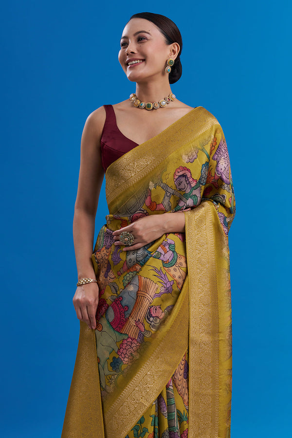 Mehendi Green Banarasi Geometrical Print Saree And Unstitched Blouse