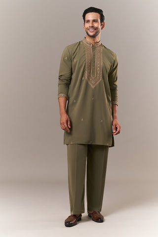 Mehendi Green Crepe Mens Kurta Set with Dori Work