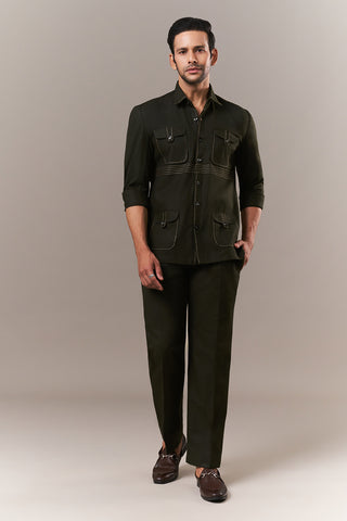 Mehendi Green Linen Mens Suit with Thread Work