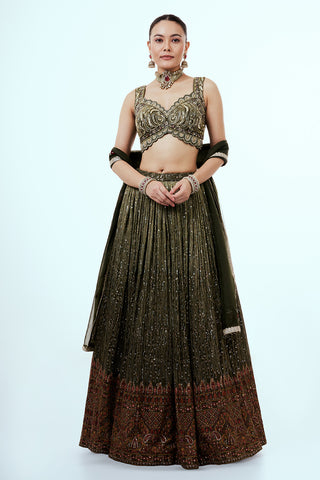 Mehendi Green Tissue Lehenga with Zardosi Embroidery