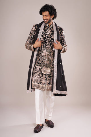 Midnight Black Men's Embroidered Silk Blend Sherwani Set