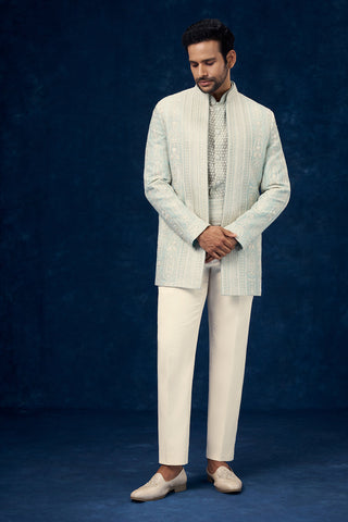 Mint Green Art Silk Mens Indo Western Set with Chikankari Work
