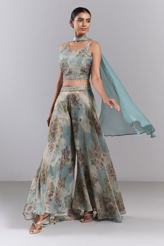 Mint Green Shimmer Organza Printed Palazzo Set