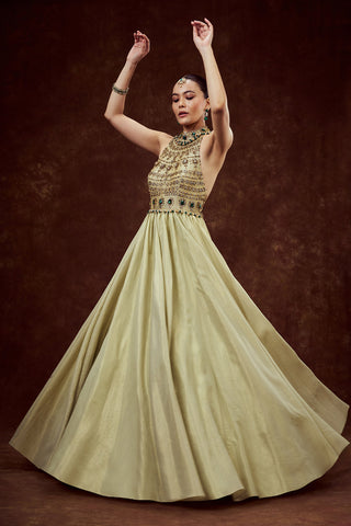 Mint Green Shimmer Tissue Gown with Rhinestone Embellishments