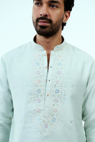 Mint Green Silk Mens Kurta Set with Mirror Work