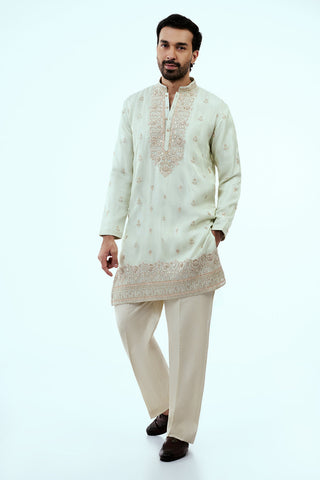 Mint Green Tissue Mens Kurta Set with Resham and Zari Work