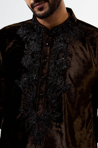 Mocha Brown Velvet Embellished Men's Kurta Set