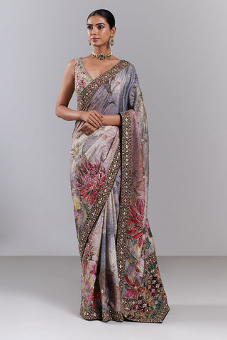 Multi-Coloured Tussar Silk Embellished Saree And Stitched Blouse