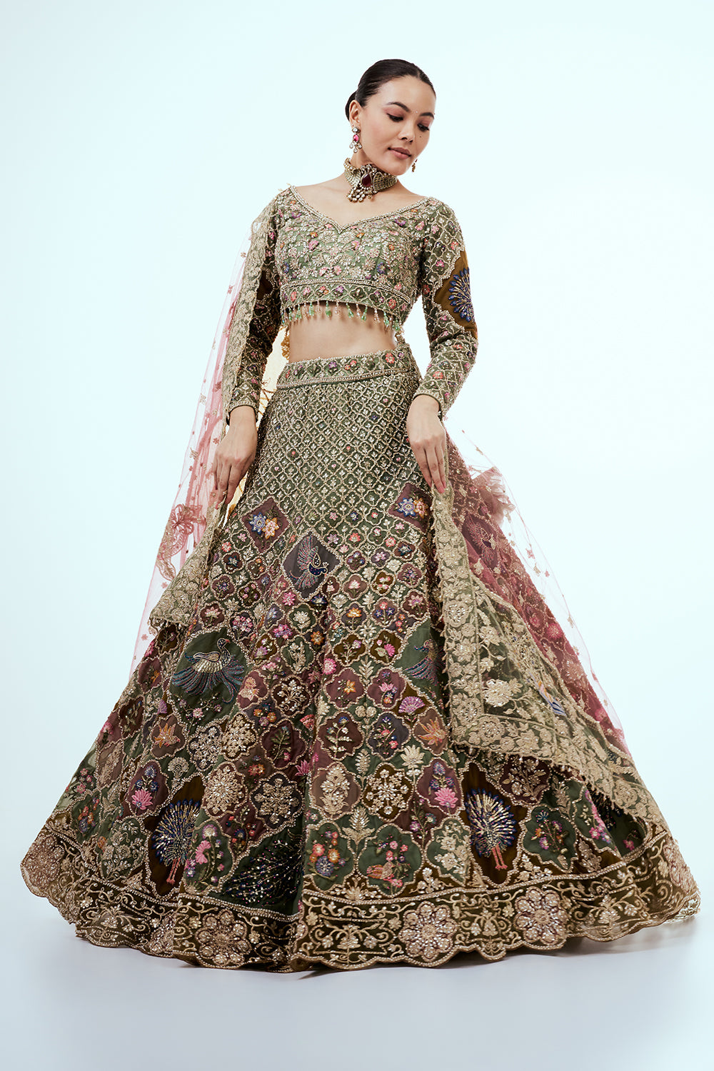 Multicolored Embellished Lehenga Set with Resham and Zari Embroidery