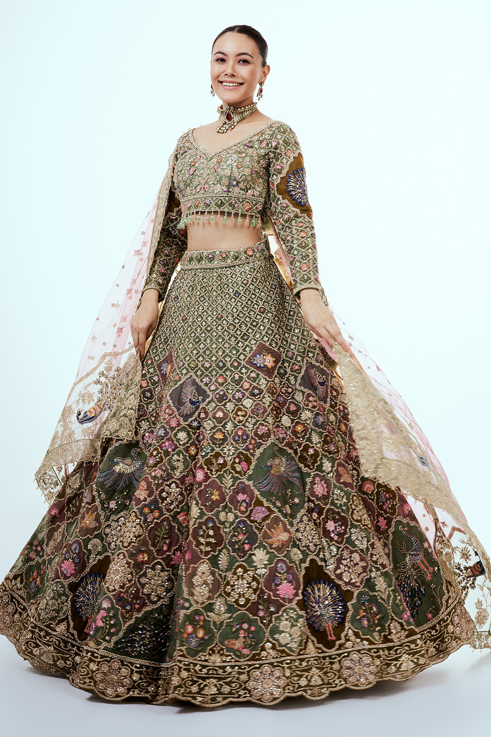 Multicolored Embellished Lehenga Set with Resham and Zari Embroidery
