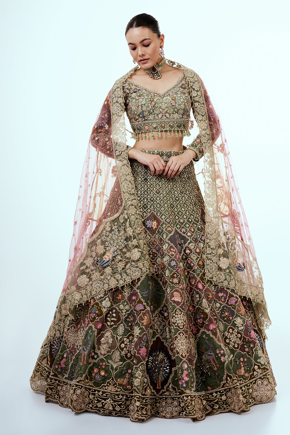 Multicolored Embellished Lehenga Set with Resham and Zari Embroidery