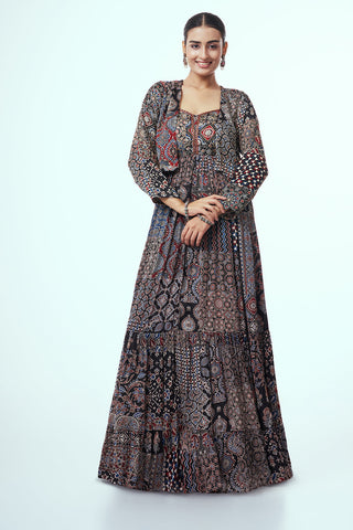 Multicolour Ajrakh Anarkali Suit with Cutdana Work