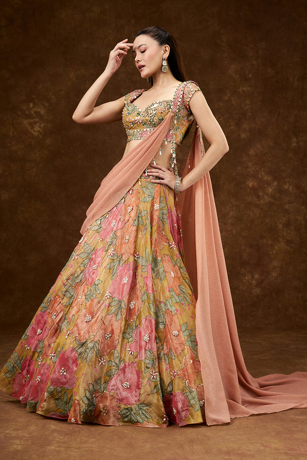 Multicolour Satin Crepe Lehenga with Pearl and Bead Work