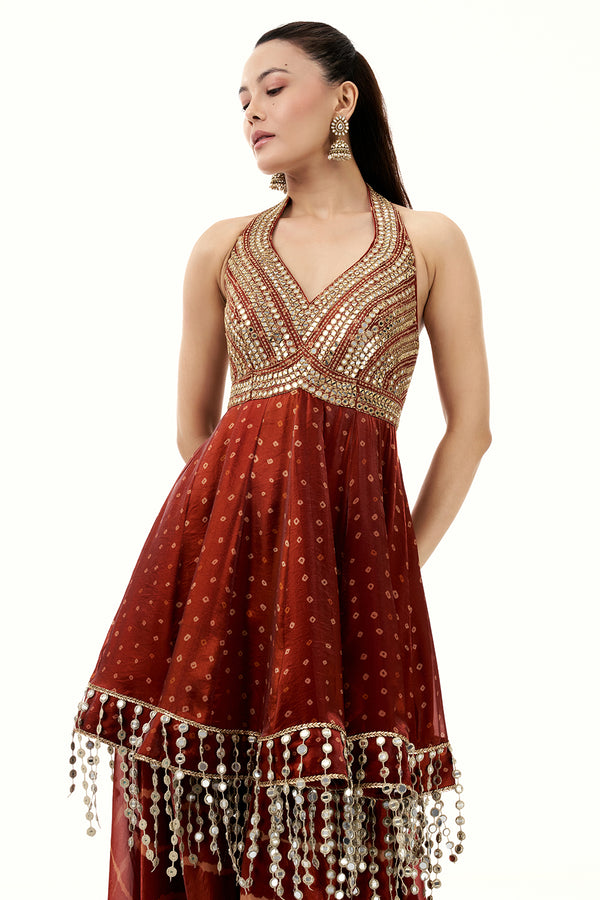 Rust Orange Satin Organza Palazzo Suit with Zari and Tassel Work
