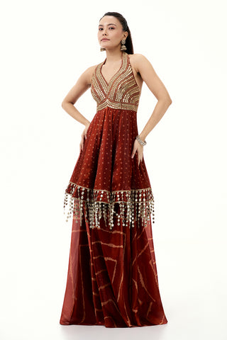 Rust Orange Satin Organza Palazzo Suit with Zari and Tassel Work