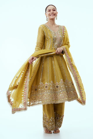 Mustard Anarkali Suit with Mirror work and Zari Embroidery