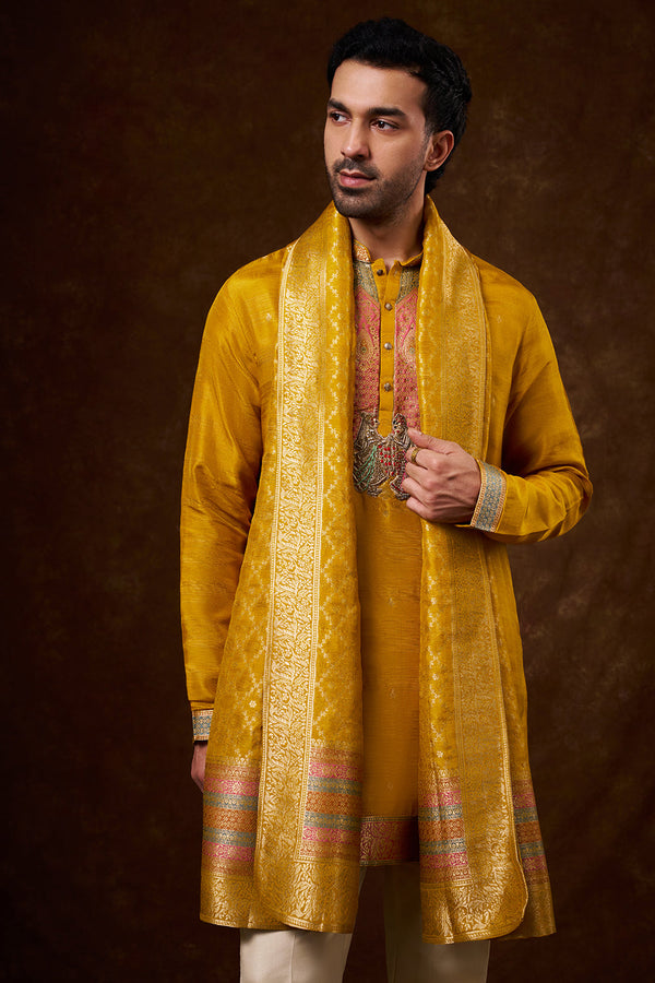 Mustard Brocade Silk Men's Kurta Set with Zardozi Work