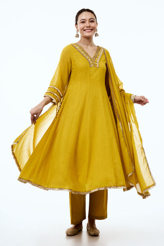 Mustard Chanderi Semi Anarkali Set with Moti and Mirror Work