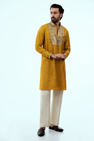 Mustard Chanderi Silk Mens Kurta Set with Mirror Work