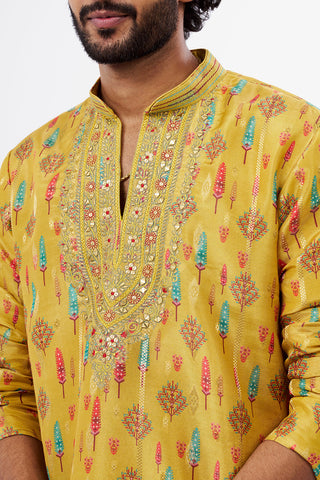 Mustard Printed Tissue Silk Men's Kurta Set