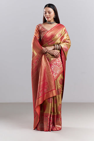 Mustard Red Banarasi Tissue Silk Printed Saree