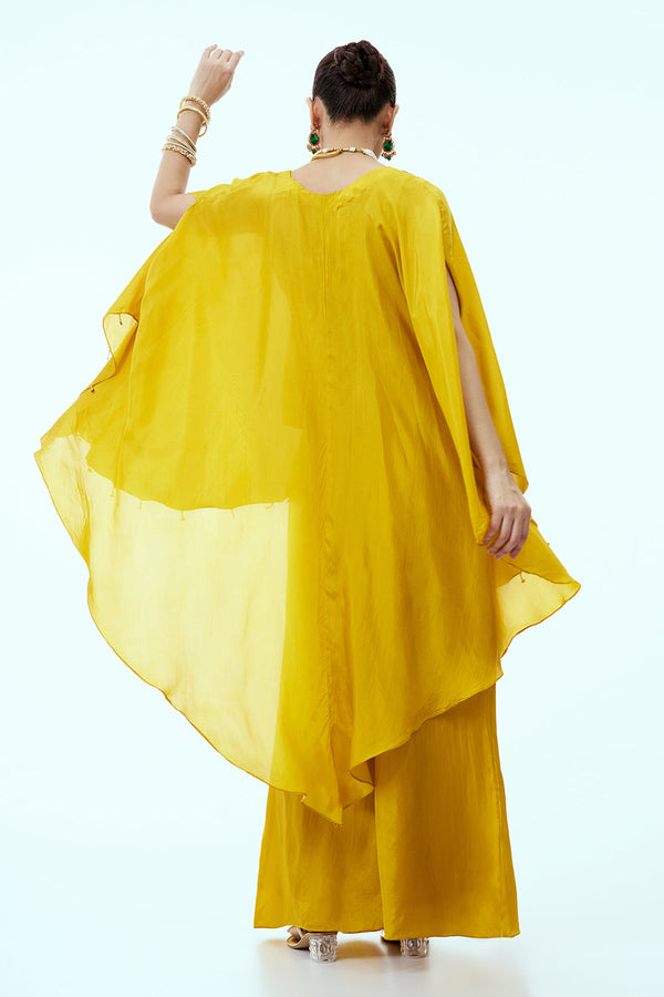Mustard Satin Silk Palazzo Set with Zari and Sequins Work