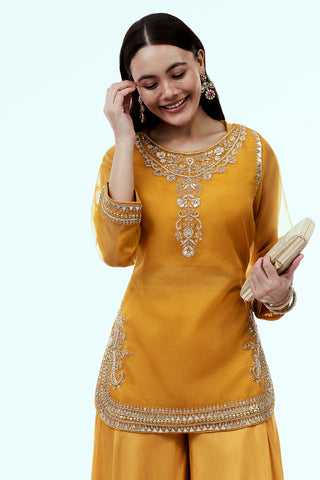 Mustard Uppada Silk Suit Set with Gota Work