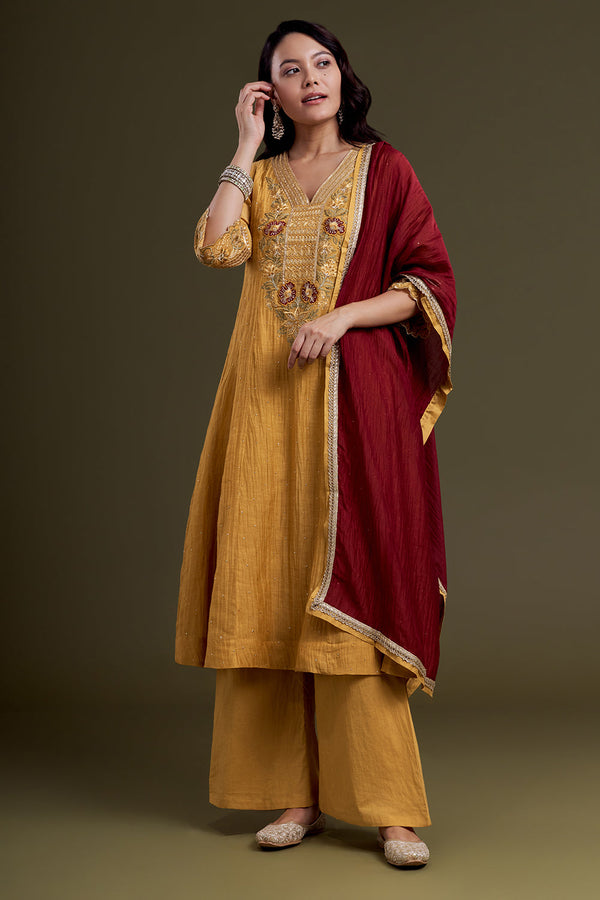 Mustard Yellow Chanderi Silk Kurta Set with Thread Work and Deep-Red Dupatta