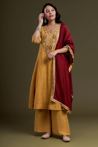 Mustard Yellow Chanderi Silk Kurta Set with Thread Work and Deep-Red Dupatta