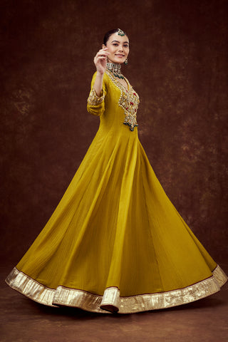 Mustard Yellow Crush Shimmer Gown with Cutdana Work