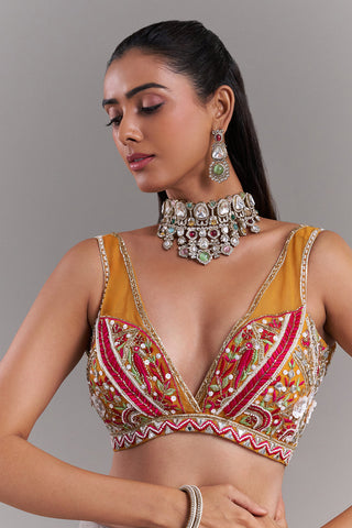 Mustard Yellow Dupion Silk Embroidered Blouse with Mirror Work Detail