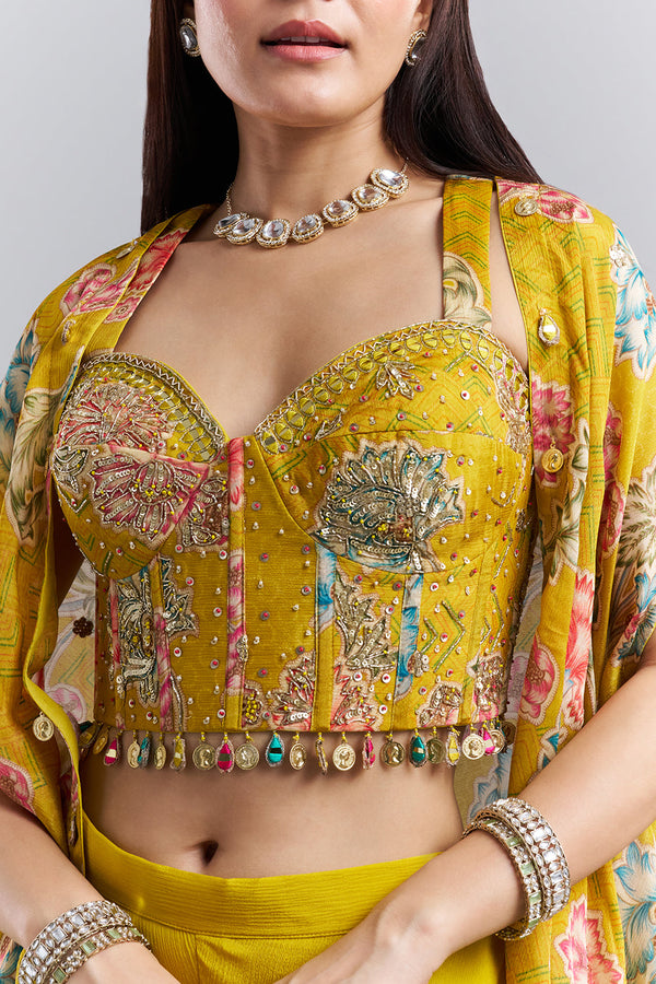 Mustard Yellow Embellished Bralette Palazzo Set with Floral Printed Cape